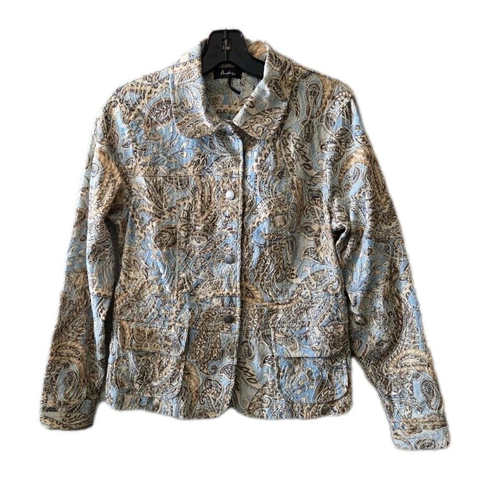 Anatology Women’s Paisley Jacket Blazer Blue Tan Button Front Size S
